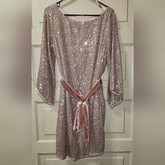 Anthropologie Dresses & Skirts - Anthropologie STARLING Sequined Tunic Rose Gold Dress W/ Velvet Sash/Belt
